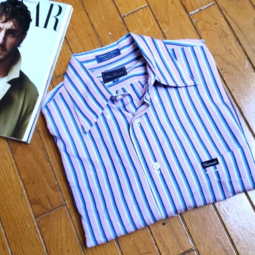 Vintage Faconnable Men's M Stripe  Short Sleeve Cotton Button Down Shirt.